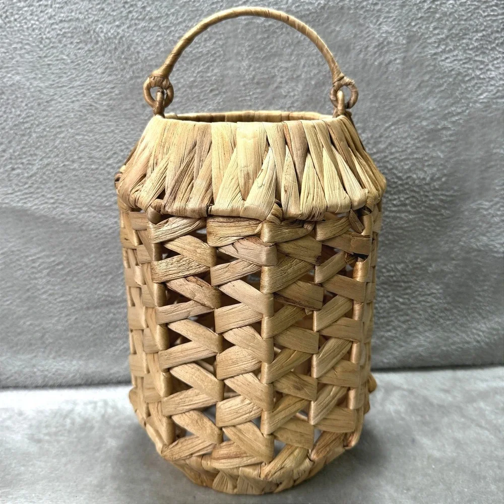 Vintage Woven Rattan Hurricane Candle Holder Basket Lantern Handle Boho Decor